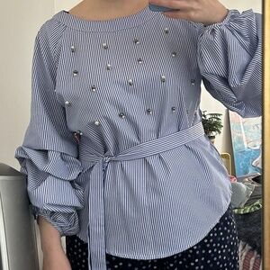 Blue Striped Blouse w/ Pearl Detail